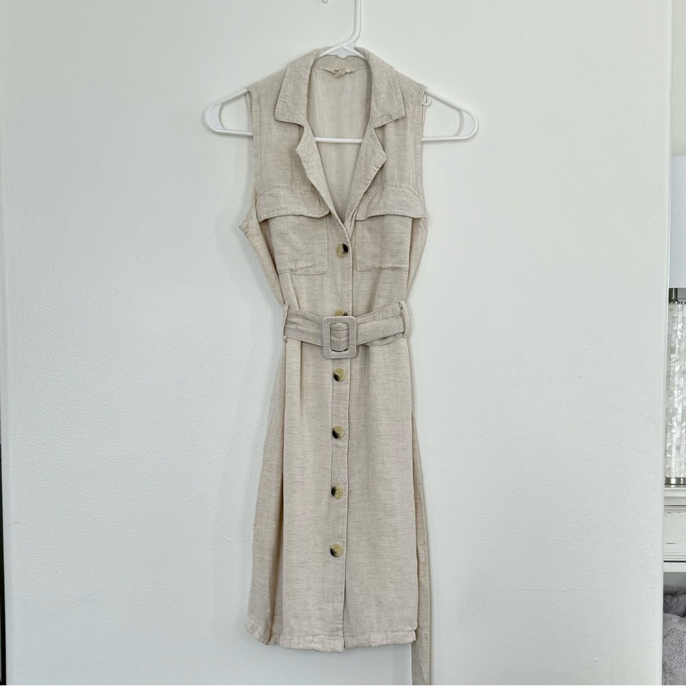 Sim & Sam Sleeveless Linen Beige Belted Dress